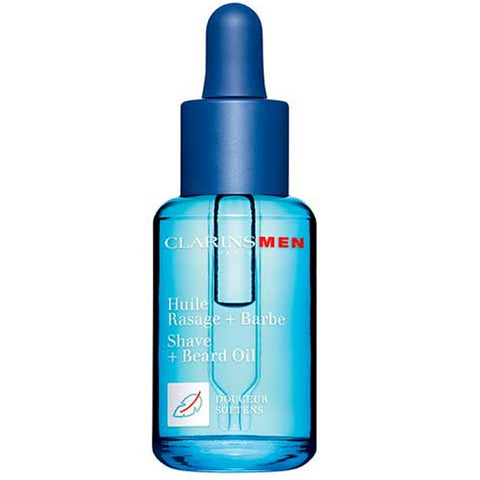 Jag Couture London ClarinsMen Shave+Beard Oil 30ml bottle with clear label and dropper, designed for shaving and beard care.