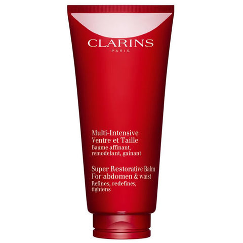 Clarins Super Restorative Balm for Abdomen and Waist in 200ml jar, shown with the product packaging and applicator.