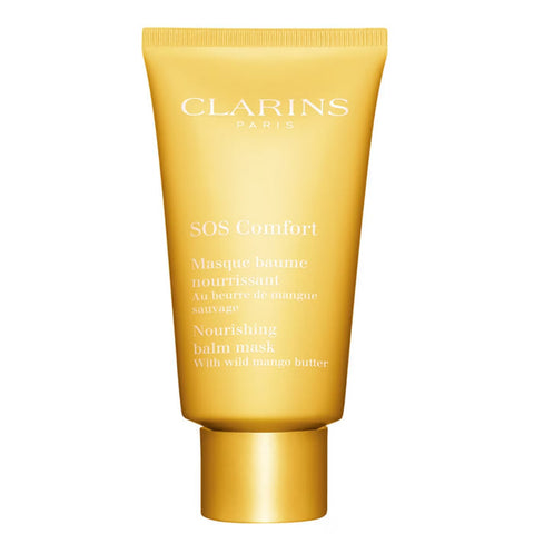 Clarins SOS Confort 75ml hydrating skincare jar with cream, featuring a sleek container and vibrant packaging.