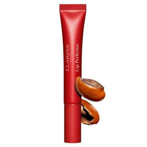 Clarins Lip Perfector Pomegranate Glow in 12ml tube, featuring a glossy lip balm with a subtle pomegranate tint.