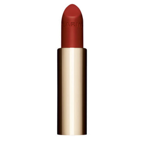 Clarins Joli Rouge Velvet La Recharge 771V Dahlia Red lipstick in 3.5g with sleek packaging, displayed on a neutral background.