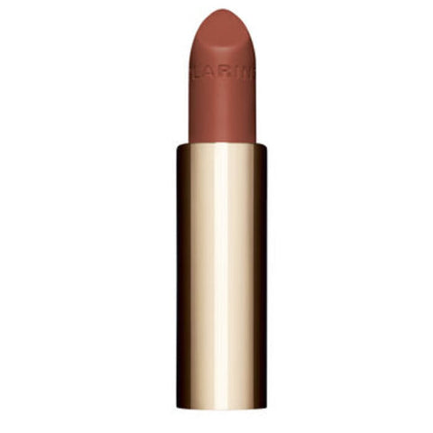 Clarins Joli Rouge Velvet La Recharge lipstick in Praline Nude 3.5g, with sleek packaging and shade swatch.