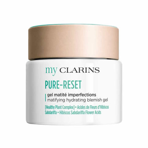 Jag Couture London New York My Clarins Matifying Hydrating Blemish Gel 50ml in a sleek tube on a white background.