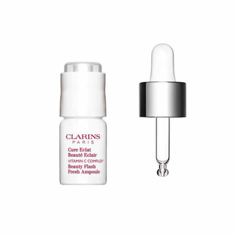 Jag Couture London New York Clarins Beauty Flash Fresh Ampoule 8ml in clear vial with a white cap and vibrant label