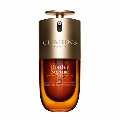 Clarins Double Serum 30ml in sleek bottle, displayed on a neutral background, highlighting its elegant packaging and design.