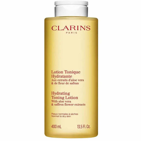 Jag Couture London New York Clarins Hydrating Toning Lotion 400ml in a clear bottle, showing the product label and liquid inside.