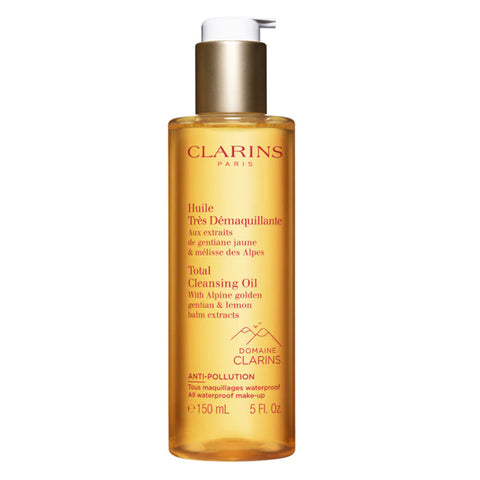 Clarins Total Cleansing Oil 150ml bottle with pump, shown on a neutral background, ideal for gentle facial cleansing.