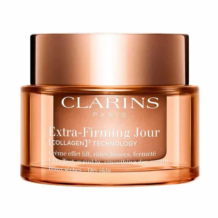 Clarins Extra-Firming Day Dry Skin moisturizer in 50ml jar, designed for mature skin, with elegant packaging.