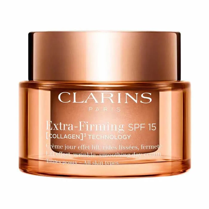 Clarins Extra-Firming SPF15 all skin types moisturizer in 50ml jar, with a sleek white container and silver cap.