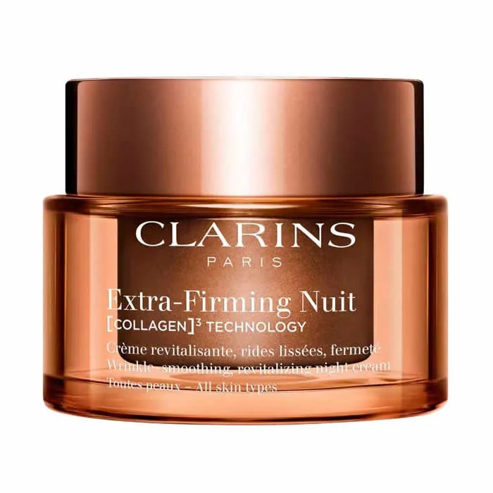 Clarins Extra-Firming Night cream for all skin types in a 50ml jar, displayed on a clean background with product label visible.