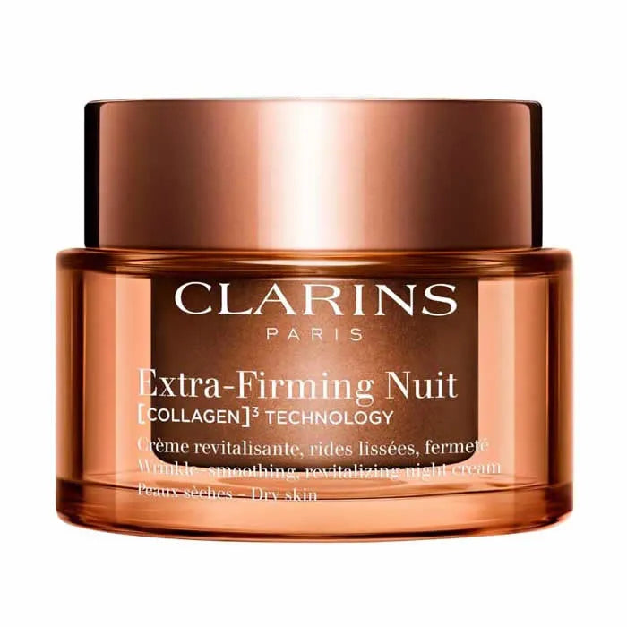 Clarins Extra-Firming Night Dry Skin moisturizer in 50ml jar, designed for firming and hydrating dry skin.