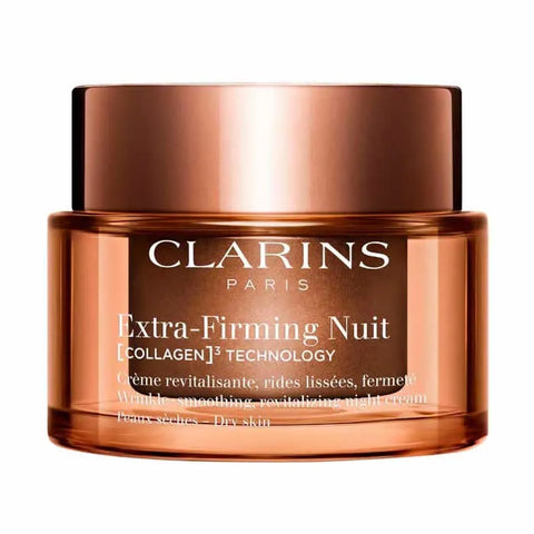 Clarins Extra-Firming Night Dry Skin moisturizer in 50ml jar, designed for firming and hydrating dry skin.