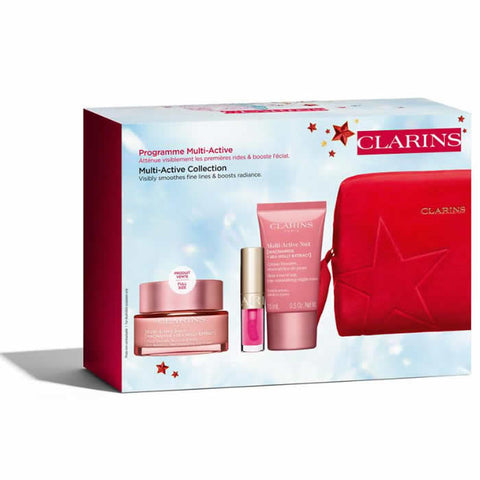 Set of four Clarins Multi Active Jour skincare products in 50ml sizes featuring sleek packaging with the Jag Couture London - New York branding.
