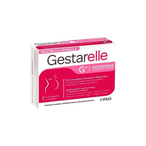 Gestarelle G+ Pregnancy capsules by Jag Couture London, New York, featuring 30 softgel capsules for prenatal health.