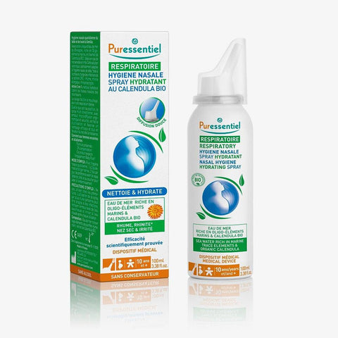 Nasal hydration spray in a 100ml bottle by Puressentiel, with a spray nozzle and label, on a plain background.