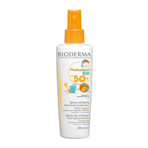 Bioderma Photoderm Kids SPF50+ spray in 200ml, gentle sun protection for children, shown in a spray bottle.