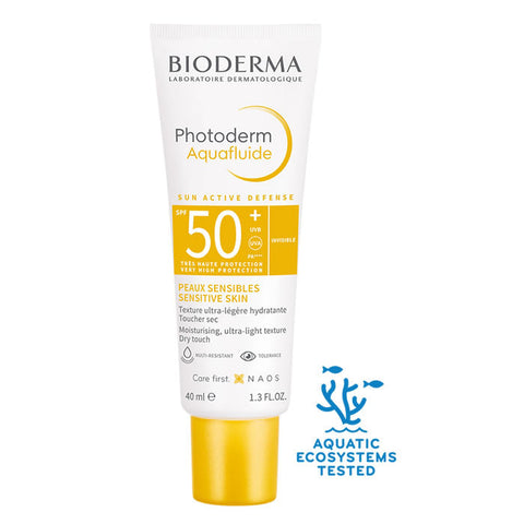 Bioderma Photoderm Max Aquafluide SPF50+ sunscreen tube with blue and white packaging, displayed on a neutral background.