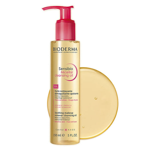 Bioderma Sensibio Micellar Cleansing Oil 150ml bottle, gentle skincare product with clear liquid inside a sleek container.