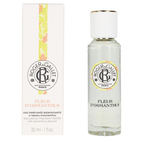 Roger & Gallet Fleur d'Osmanthus Eau Fraîche Parfumée vaporizer 30ml with floral and fruity scent in a sleek glass bottle.