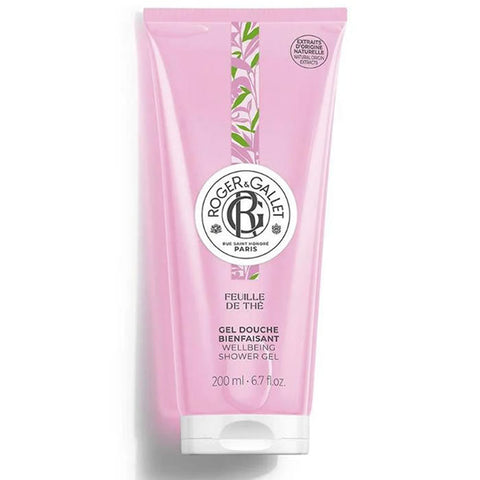 Roger & Gallet Feuille De Thé Gel Douche Bienfaisant in 200ml bottle, featuring tea leaf extract for a refreshing shower experience