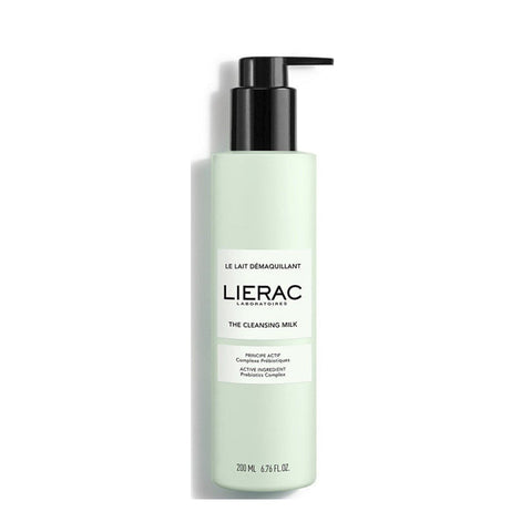 Lierac Cleansing Milk in 200ml bottle, shown with soft white and pink packaging, designed for gentle facial cleansing.