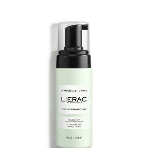 Lierac Cleansing Foam in 150ml bottle, shown with pump dispenser, designed for gentle facial cleansing, by Jag Couture London New York