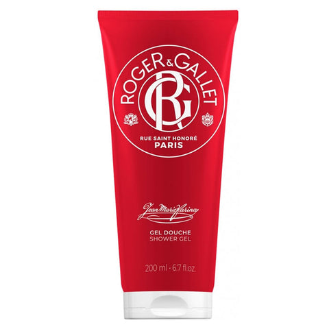 Roger & Gallet Jean Marie Farina shower gel in 200ml bottle, featuring a clear, elegant design with floral and citrus accents.