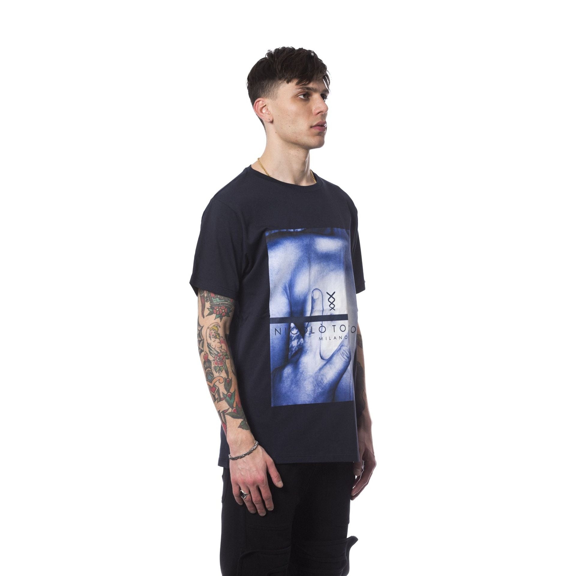 Nicolo Tonetto BLOCAMI in navy blue by Jag Couture London New York, shown on a model with a stylish, modern design.