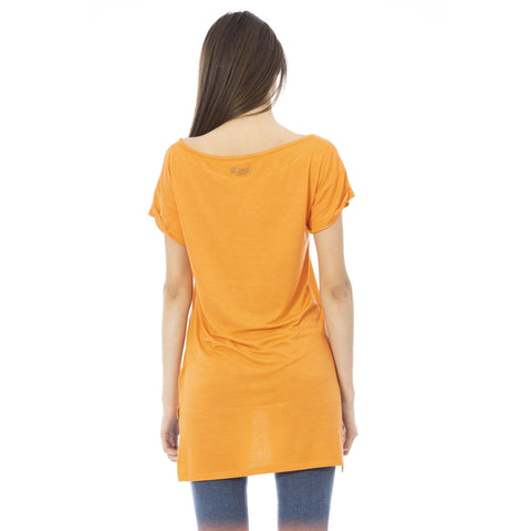 Just Cavalli orange beachwear swimsuit with bold design, displayed on a model for stylish summer seaside wear.