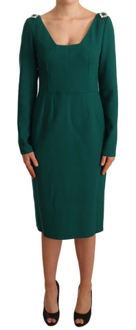 Green stretch crepe midi dress with crystal embellishments by Dolce & Gabbana, featuring a fitted silhouette and elegant design.