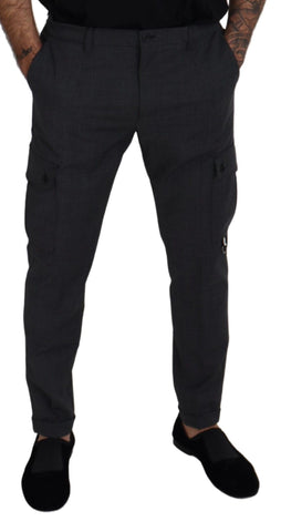 Gray Checked Cargo Trousers Stretch Pants