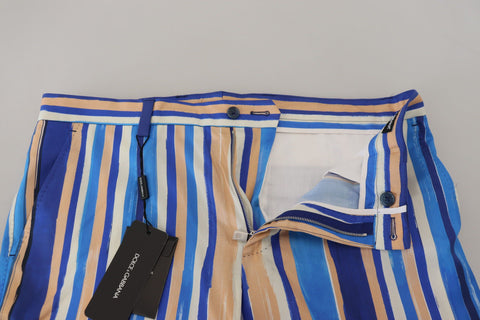 Blue Striped Silk Cotton Slim Trousers Pants