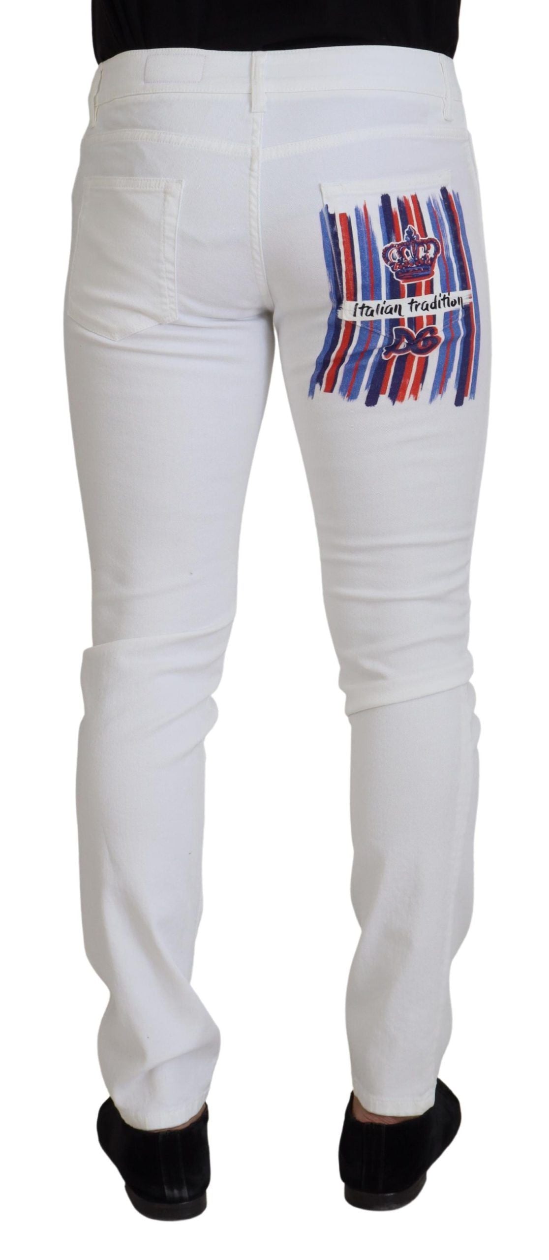 White slim skinny stretch cotton denim jeans by Dolce & Gabbana, close-up of fitted design and smooth fabric.