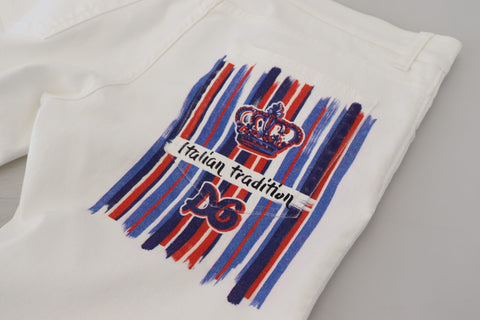 White slim skinny stretch cotton denim jeans by Dolce & Gabbana, fitted design with classic five-pocket style and clean finish.