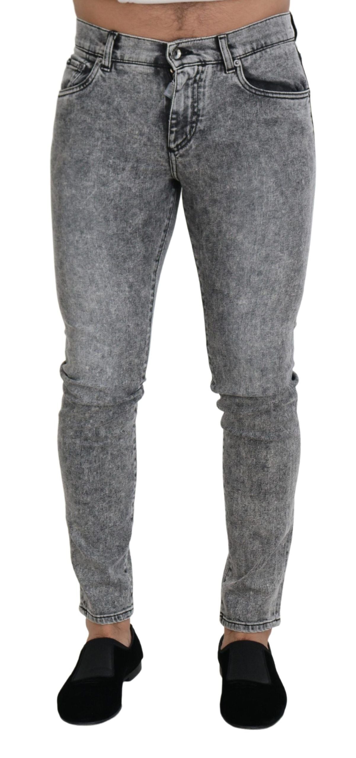 Gray slim fit stretch cotton denim jeans by Dolce & Gabbana, showing the front view with classic five-pocket design.