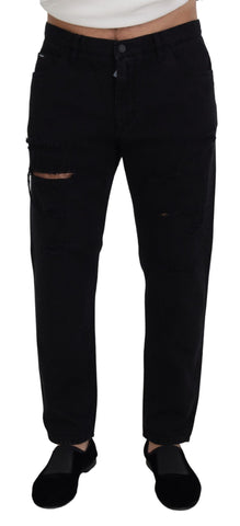 Black loose fit torn cotton jeans by Dolce & Gabbana, featuring a relaxed style with distressed details and a regular waistband.