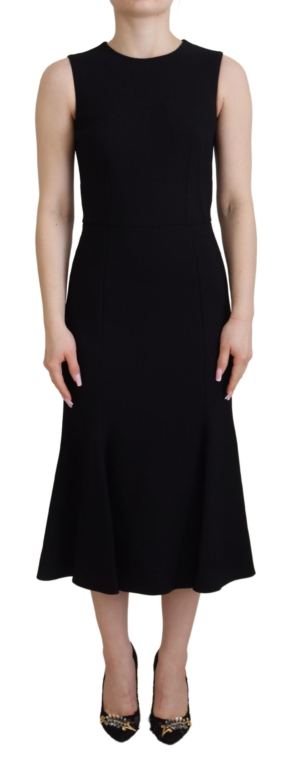 Black Dolce & Gabbana sheath flare viscose dress shown on a model, featuring a fitted silhouette and elegant V-neck design.