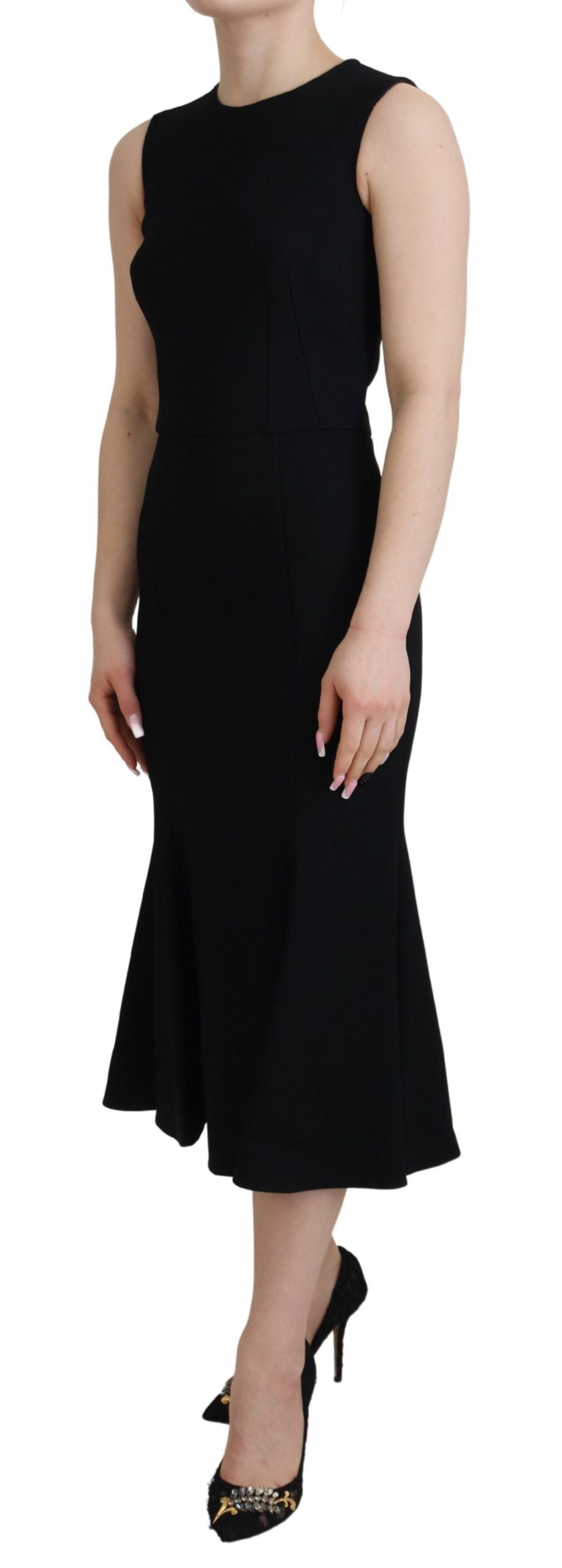 Black sheath and flare viscose dress by Dolce & Gabbana, showcasing a fitted silhouette with a stylish V-neck design.