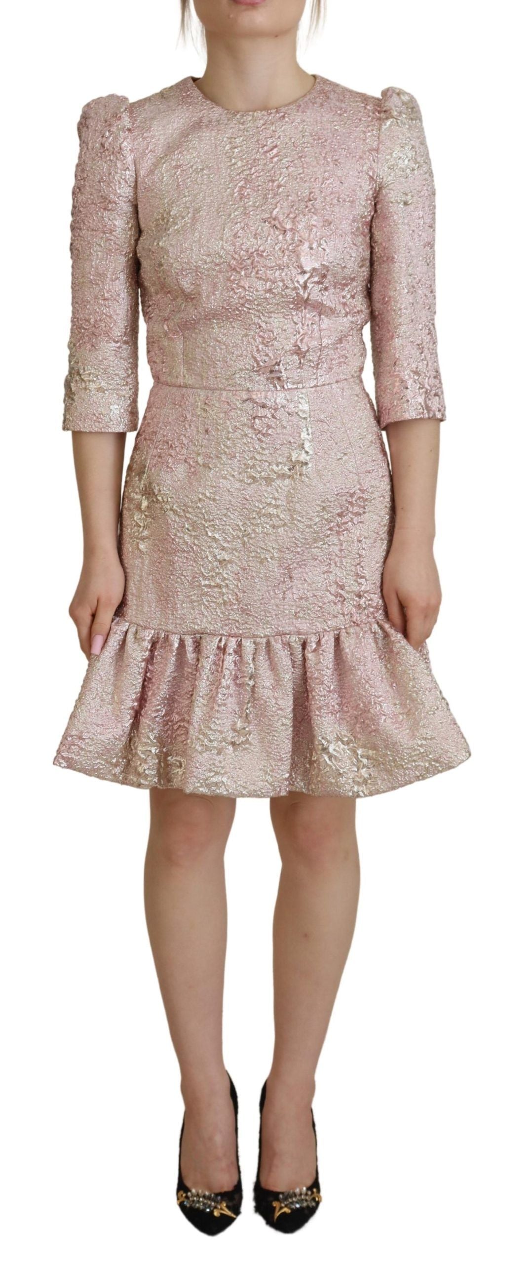 Pink jacquard sheath midi dress with 3/4 sleeves by Dolce & Gabbana, showcasing elegant fabric and tailored fit.