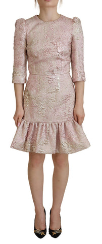 Pink jacquard sheath midi dress with 3/4 sleeves by Dolce & Gabbana, showcasing elegant fabric and tailored fit.