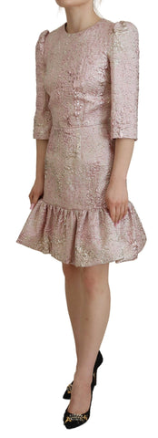 Pink jacquard 3/4 sleeve sheath midi dress by Dolce & Gabbana, featuring a fitted silhouette and elegant pattern.