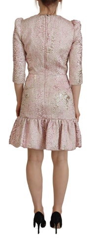 Pink jacquard 3/4 sleeve sheath midi dress by Dolce & Gabbana featuring a fitted silhouette and elegant design.