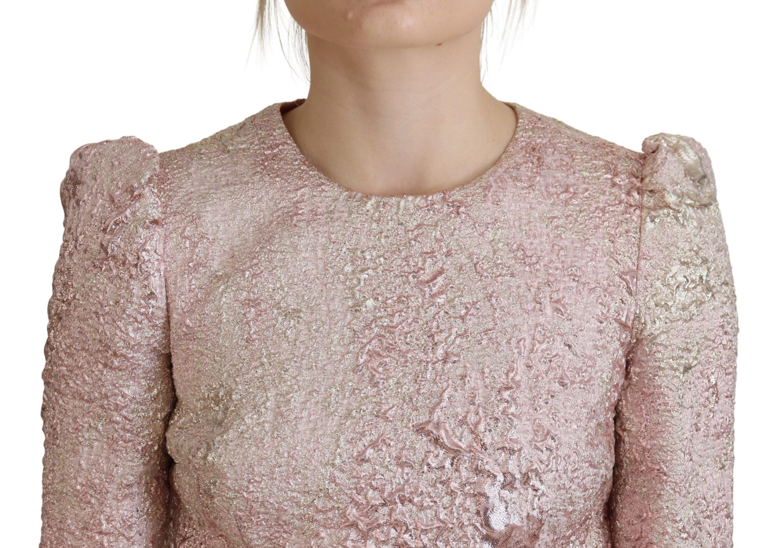 Pink jacquard 3/4 sleeve sheath midi dress by Dolce & Gabbana, featuring elegant fabric and fitted silhouette.