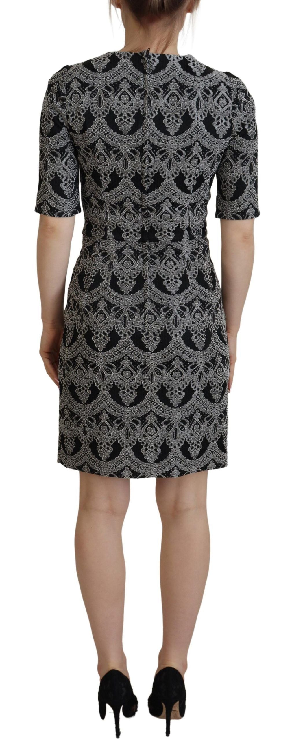 Dolce & Gabbana black and gray jacquard sheath bodycon dress with fitted silhouette and elegant design.
