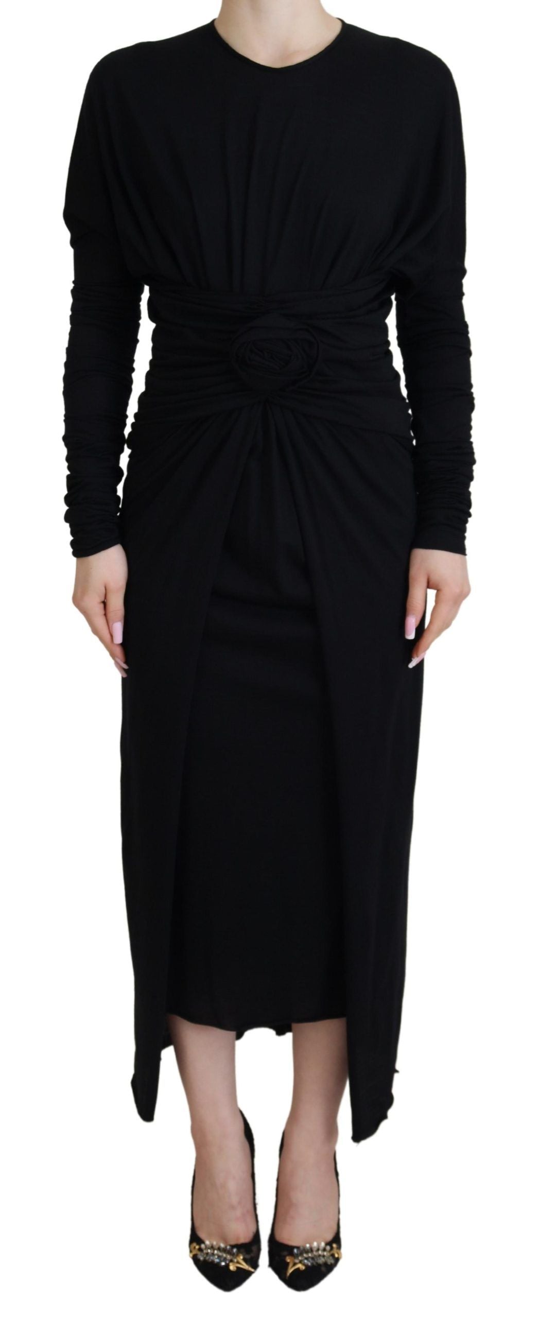 Black sheath midi gown by Dolce & Gabbana featuring a wool wrap design, elegant and fitted for formal occasions.
