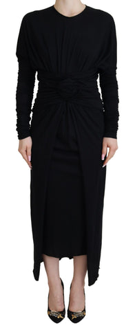 Black sheath midi gown by Dolce & Gabbana featuring a wool wrap design, elegant and fitted for formal occasions.