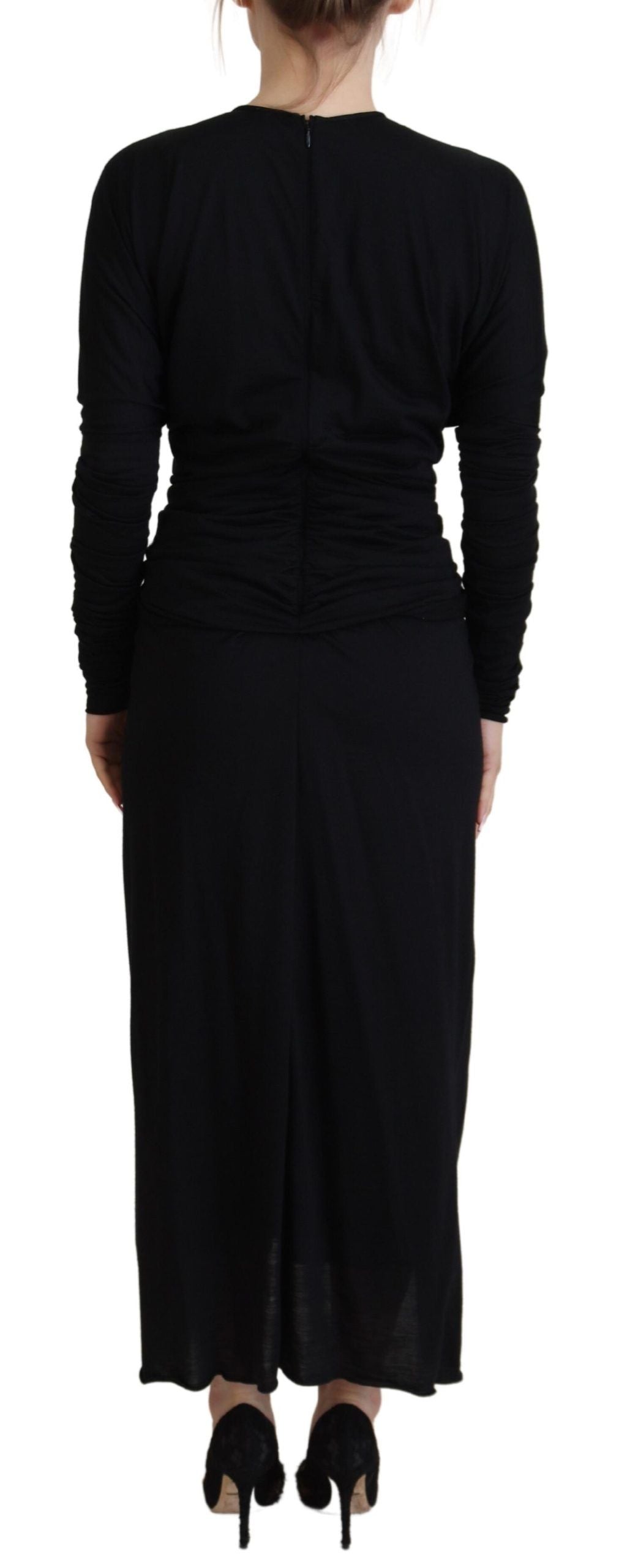 Elegant black sheath midi gown by Dolce & Gabbana featuring a wool wrap dress design, perfect for sophisticated evening wear.