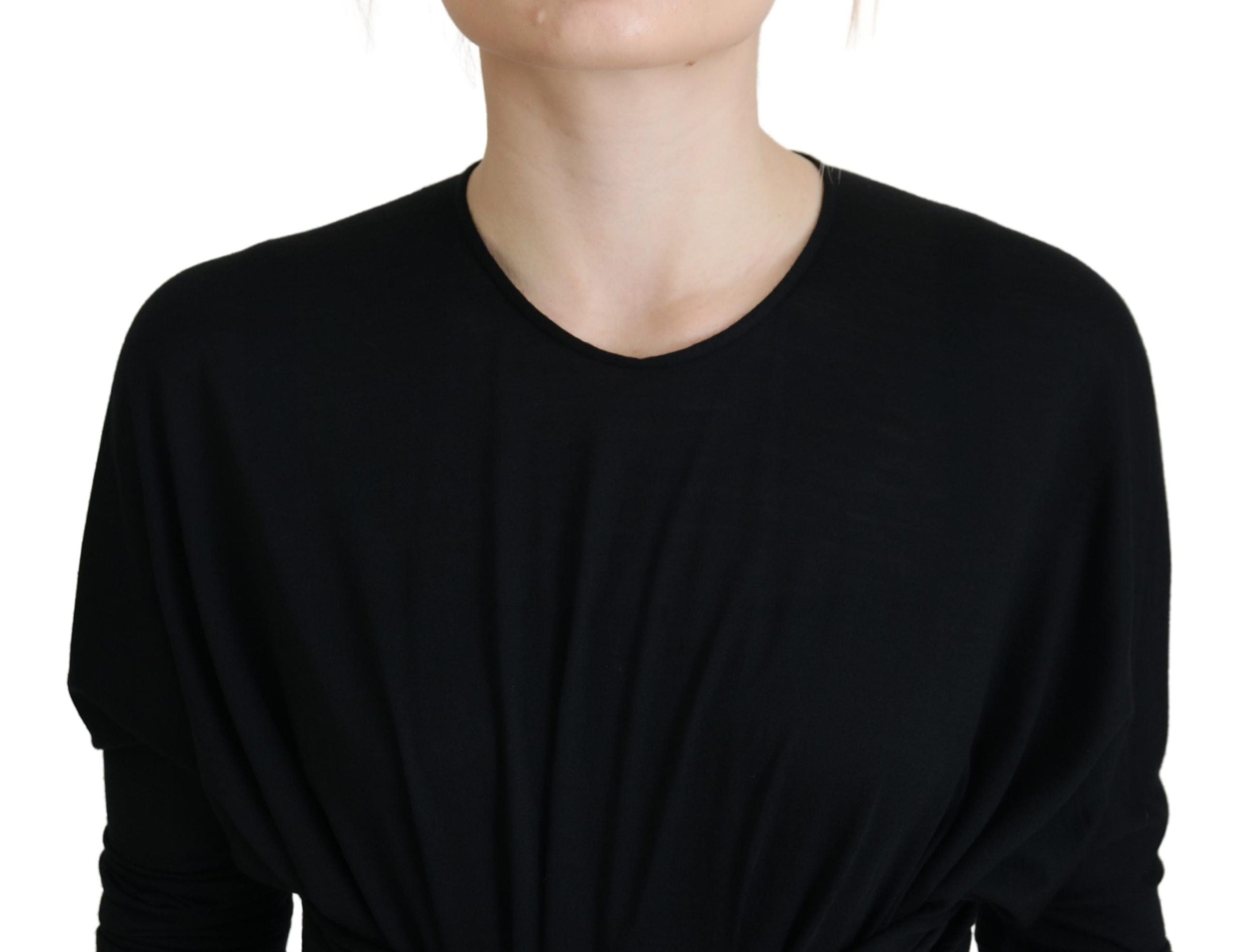 Black sheath midi gown by Dolce & Gabbana, wool wrap dress featuring a fitted silhouette and elegant design.