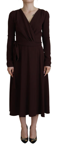 Brown wrap long sleeve midi stretch dress by Dolce & Gabbana, featuring a fitted silhouette and elegant design.