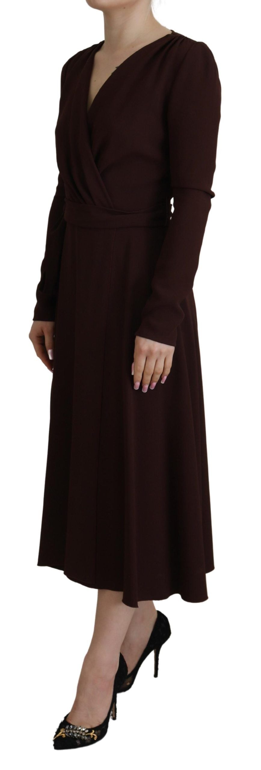 Brown wrap long sleeve midi dress by Dolce & Gabbana, featuring a fitted silhouette and stretch fabric.